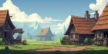 8-bit Video Game Graphics Medieval Houses Town Thatched Roofs, Retro, Vintage Background, Generated Ai