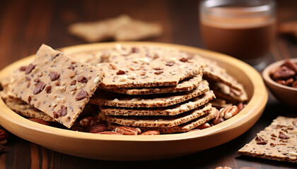 Poster - Homemade chocolate chip cookie on rustic wooden plate generated by AI