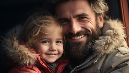 Canvas Print - Smiling father embraces cute son in winter outdoors generated by AI