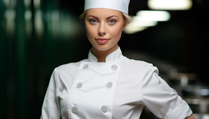 Smiling chef in uniform cooking in commercial kitchen generated by AI