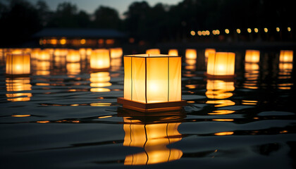 Sticker - Tranquil night, nature reflection, glowing candlelight illuminates generated by AI