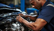 Young adult mechanic repairing car engine with expertise generated by AI