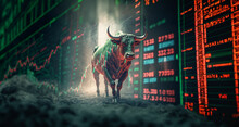 Bull Market, A Green Bull Powerfully Runs Through A Narrow Street, High Concentration As A Strong Will In The Eyes Of The Bull, Concept Of Business And Stock Market