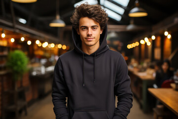 Wall Mural - A handsome young man wearing a black blank hoodie with a kangaroo pocket against a blurred shopping center background.