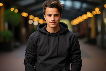 Wall Mural - A handsome young man wearing a black blank hoodie with a kangaroo pocket against a blurred shopping center background.