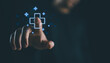 © Nirusmee - Businessman touching on virtual blue plus sign for positive thinking mindset or healthcare insurance symbol concept, Mental health care, mental rejuvenation.