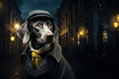 Smart weimaraner dog detective in a raincoat and cap in old city 1860 at night. Animal in clothers