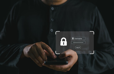 Fototapete - User privacy security and encryption, Cybersecurity concept, secure internet access Future technology and cybernetics, screen padlock. Internet network data protection, anti hacker, cybercrime