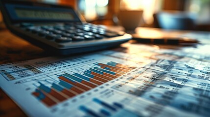 Poster - Financial graphs, Metrics, Reports on table with calculator. Generative AI.