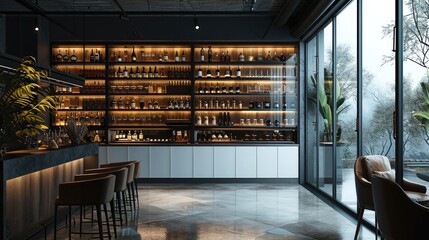 Wall Mural - Modern large glass wine display cabinet for home decoration. Generative AI.