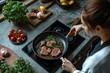 A woman cooking some meat in a pan on an induction stove in a minimalist gray kitchen, Top-angle view. Generative AI.