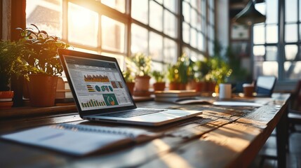 Poster - Office desk with a laptop, Financial reports and investment charts, Finance and investment. Generative AI.