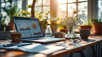 Poster - Office desk with a laptop, Financial reports and investment charts, Finance and investment. Generative AI.