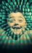 Light Effects, Lights and Mirrors, Happy Chubby Boy, Photo Portrait with Colored Lights, trippy retro studio shot, grin, ecstatic, celebrate, joy, funny photo, double exposure, tritone