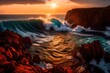 Waves rhythmically crashing on rugged cliffs, creating a symphony of nature against a backdrop of a vibrant, fiery sunset 