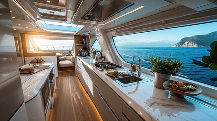 Sticker - Inside kitchen of modern yacht. Generative AI.