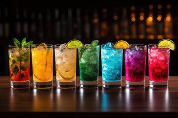 Wall Mural - Beautiful row line of different colored cocktails