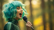 Psychedelic woman with green emerald hair singing in the woods in the middle of green nature
