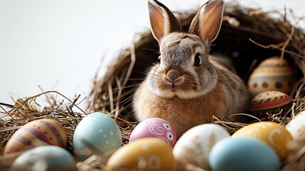 Wall Mural - Easter bunny with a nest of colorful eggs, Full white background. Generative AI.