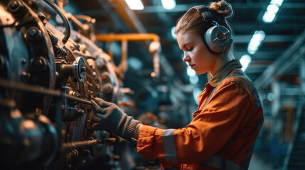 Poster - Portrait of engineer checking big engine in factory of industry, Clear lighting. Generative AI.