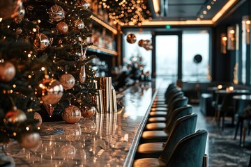 Christmas decorations in luxury hotel bar. Generative AI.