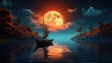 Boat In The Water Under The Moon In The Night