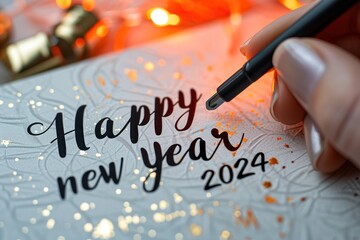 Happy new year 2024 in hand writing on card.