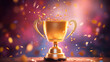 © tashechka - A stunning golden trophy overflows with sparkling confetti, set against a vivid background, epitomizing a grand celebration.
