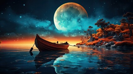 Canvas Print - boat in the water under the moon in the night