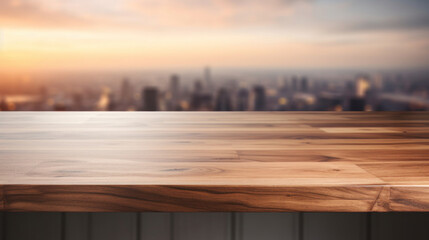 Empty wooden table overlooking an urban landscape bathed in the warm glow of a sunset, perfect for product display.