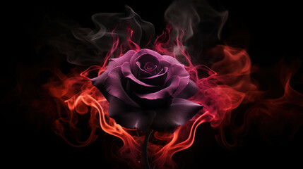 A dark, mystical rose enveloped in swirling red smoke on a black background, invoking a sense of mystery and enchantment.