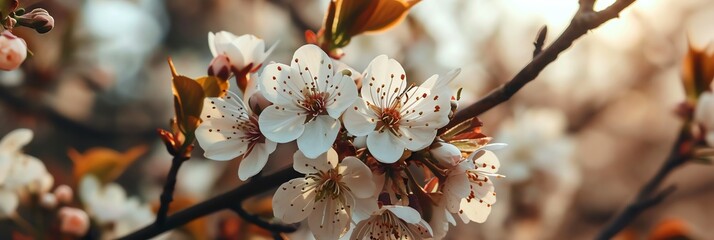 Beautiful blooming branch of cherry tree with pink flowers, spring banner background