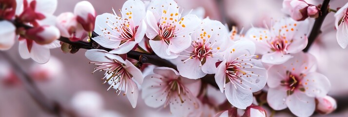 Beautiful blooming branch of cherry tree with pink flowers, spring banner background