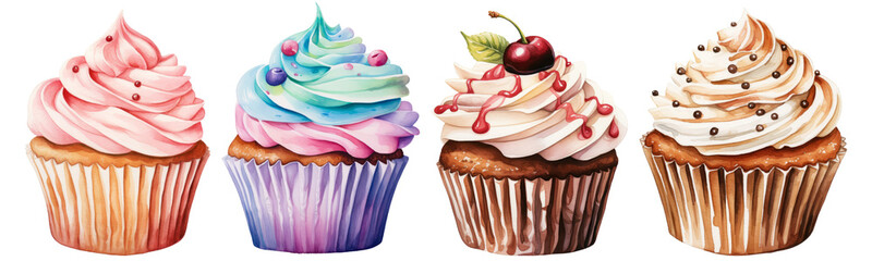 Wall Mural - Watercolor set of cupcakes on a transparent background