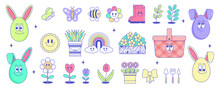 Happy Easter, Spring Holiday. Retro Groovy Cartoon Character Eggs, Carrot, Rabbit Ears, Elements. Vintage Funky Mascot Patch Psychedelic Smile, Emotion. Comic Trendy Set Stickers. Vector Illustration 