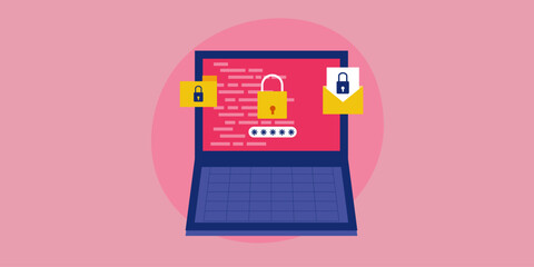Wall Mural - online data encryption, web security password lock protection from cyberattacks, conceptual vector i