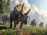 Fototapeta  - Herd of triceratops dinosaurs