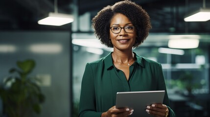 Wall Mural - Smiling mid aged mature professional business woman in forest green blouse, 40s female executive or entrepreneur holding fintech tab digital tablet standing in office at work, large window copy space