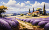 Fototapeta Fototapety z naturą - Idyllic landscape painting of a rustic countryside home amidst lavender fields, with cypress trees and rolling hills under a sunny sky