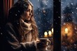 A young woman drinks coffee or tea and looks out the window. Portrait in a cozy atmosphere. the winter season.