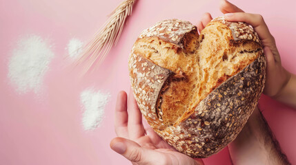 Wall Mural - A beautiful woman is holding bakery bread in the shape of a romantic heart. Valentine's Day food concept