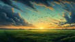 a green field at the break of dawn, with birds rising into the sky in unison, their synchronized flight patterns creating intricate formations against the canvas of the awakening day.