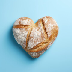 Wall Mural - Creative bakery bread in the shape of a romantic heart on a soft blue background. Valentine's Day food concept