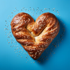 Wall Mural - Creative bakery bread in the shape of a romantic heart on a soft blue background. Valentine's Day food concept