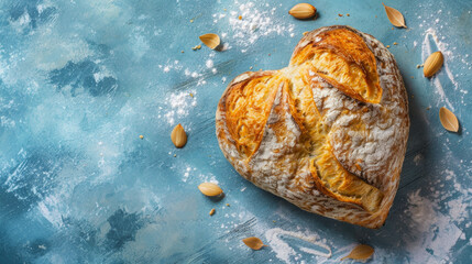 Wall Mural - Creative bakery bread in the shape of a romantic heart on a soft blue background. Valentine's Day food concept