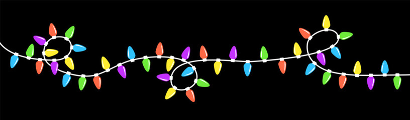 Wall Mural - Lightbulb glowing garland line. Christmas lights set. Colorful string fairy light. Cartoon holiday festive xmas decoration. Rainbow color. Flat design. Isolated. Black background.