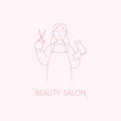 A hairdresser woman is holding scissors and a dryer. Hand-drawn-style vector line logo illustrations.