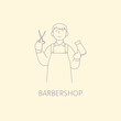 A hairdresser man is holding scissors and a dryer. Hand-drawn-style vector line logo illustrations.