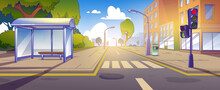 City Street With Road Crossing And Park. Vector Cartoon Illustration Of Pedestrian Crosswalk In Summer Town, Traffic Light, Glass Bus Stop With Bench On Pavement, Green Trees, Cityscape Buildings