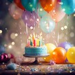 © Ashi - Joyful celebration: vibrant birthday party balloons, colorful background, and cake with candles